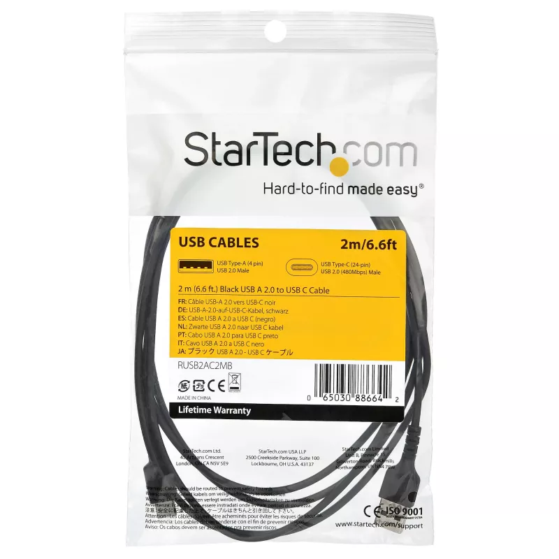 StarTech.com 2m USB A na USB C nabíjací kábel – odolný rýchlonabíjací a synchronizačný kábel USB 2.0 na USB Type-C dátový kábel – odolný TPE plášť aramidové vlákna M/M 3A čierna – Samsung S10, iPad Pro, Pixel
