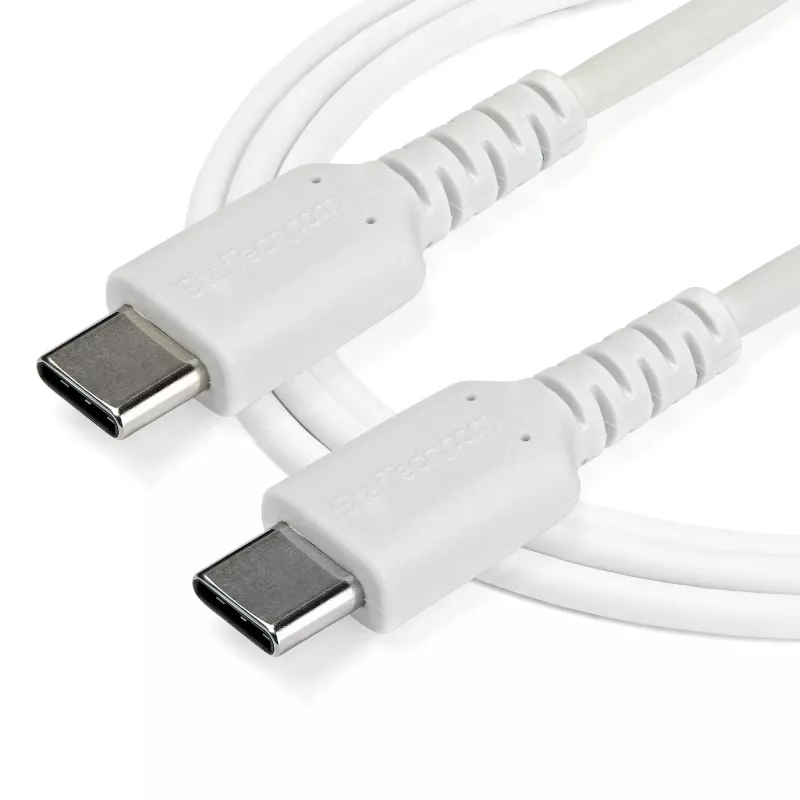 StarTech.com 1m USB-C nabíjací kábel – odolný rýchlonabíjací a synchronizačný kábel USB 2.0 Type-C na USB-C kábel pre notebook – TPE plášť aramidové vlákna M/M 60W biely – Samsung S10 S20 iPad Pro MS Surface