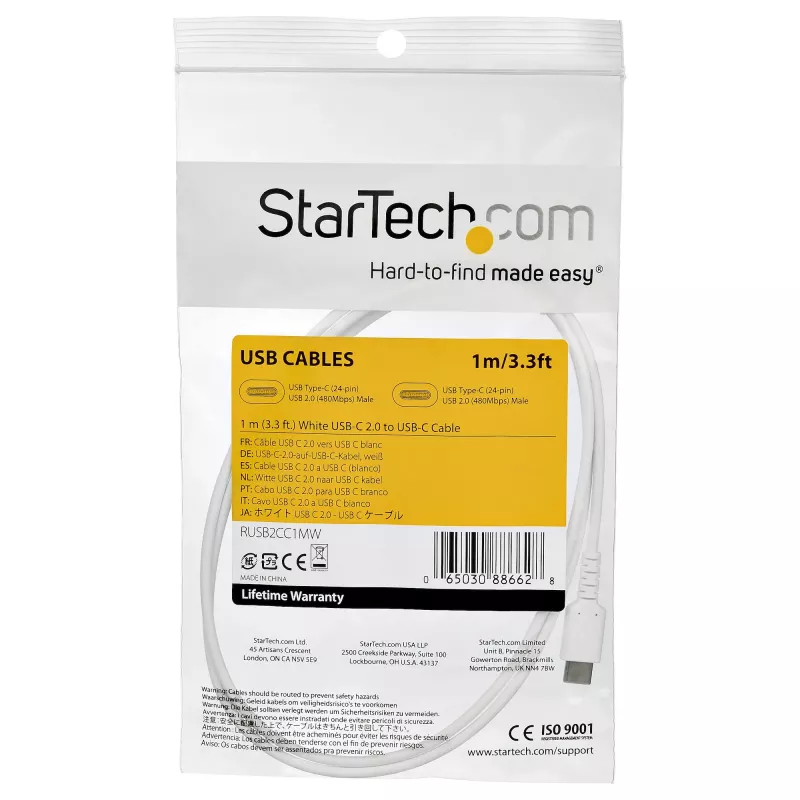 StarTech.com 1m USB-C nabíjací kábel – odolný rýchlonabíjací a synchronizačný kábel USB 2.0 Type-C na USB-C kábel pre notebook – TPE plášť aramidové vlákna M/M 60W biely – Samsung S10 S20 iPad Pro MS Surface
