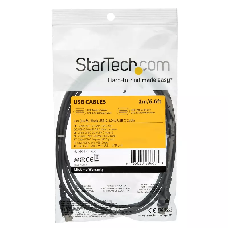 StarTech.com 2 m USB-C nabíjací kábel – odolný rýchlonabíjací a synchronizačný kábel USB 2.0 Type-C na USB C kábel pre notebook – TPE plášť aramidové vlákna M/M 60 W čierny – Samsung S10 S20 iPad Pro MS Surface