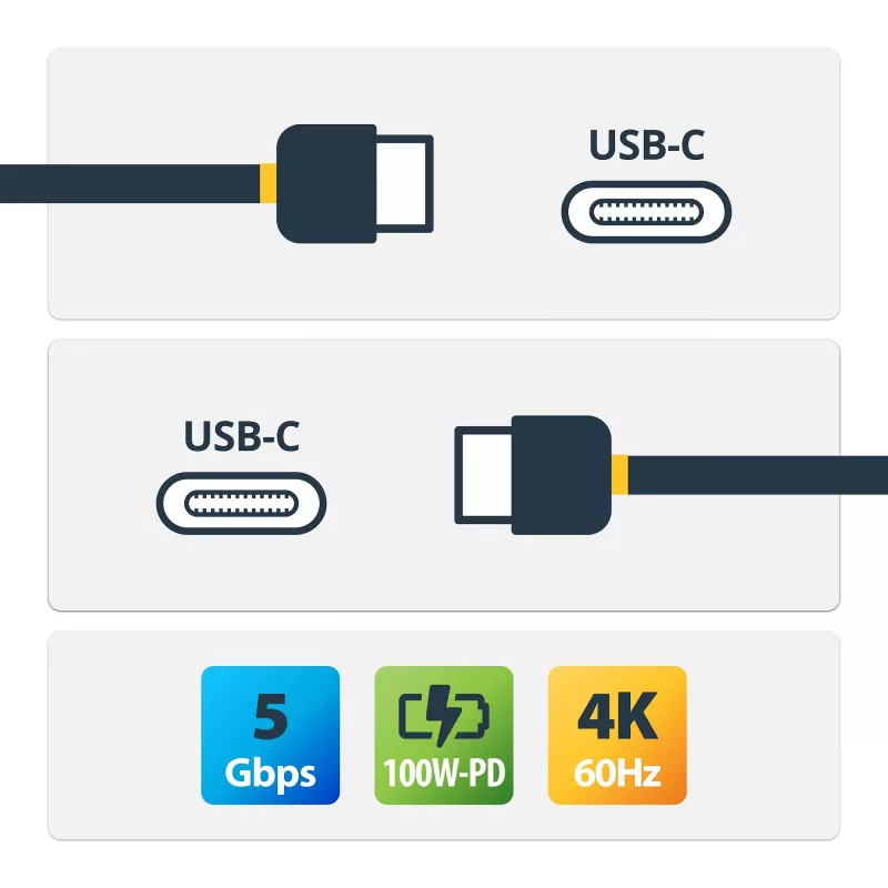 StarTech.com 2m USB-C kábel, zahnutý, USB 5Gbps, 100W (5A) Power Delivery, 4K 60Hz DP Alt Mode, odolný USB-C kábel – kompatibilný s Thunderbolt