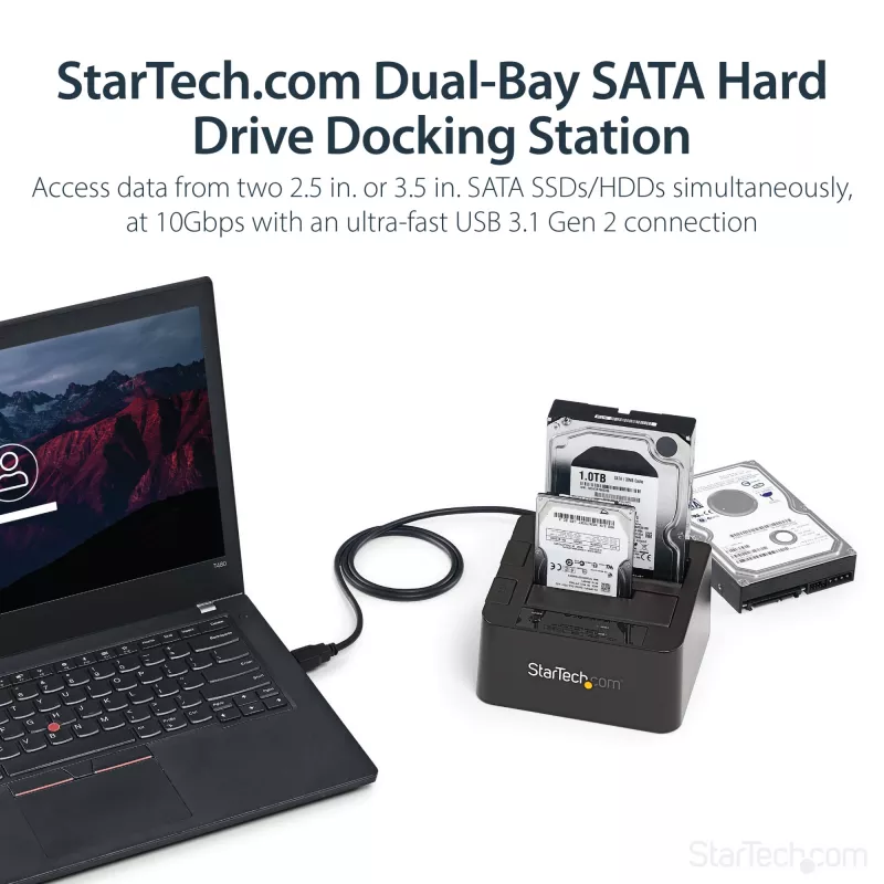StarTech.com Dual-Bay USB 3.2 Gen 2 na SATA dokovacia stanica pre pevné disky, USB 10Gbps dok pre pevné disky, externá 2,5/3,5 palcová SATA I/II/III SSD/HDD dokovacia stanica, hot-swap vkladanie pevných diskov, vrchné vkladanie