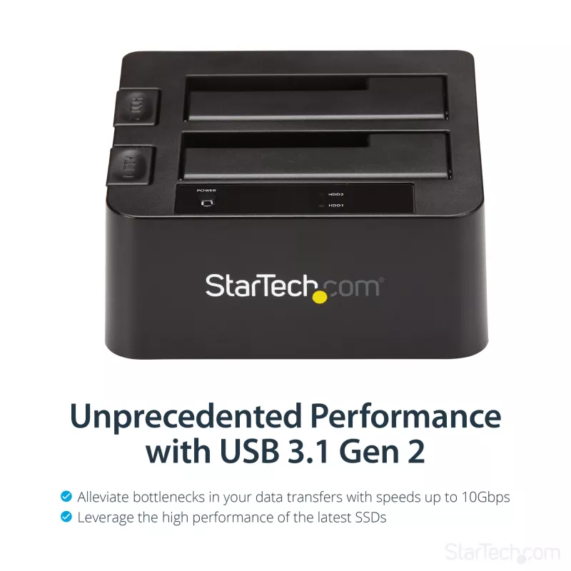 StarTech.com Dual-Bay USB 3.2 Gen 2 na SATA dokovacia stanica pre pevné disky, USB 10Gbps dok pre pevné disky, externá 2,5/3,5 palcová SATA I/II/III SSD/HDD dokovacia stanica, hot-swap vkladanie pevných diskov, vrchné vkladanie