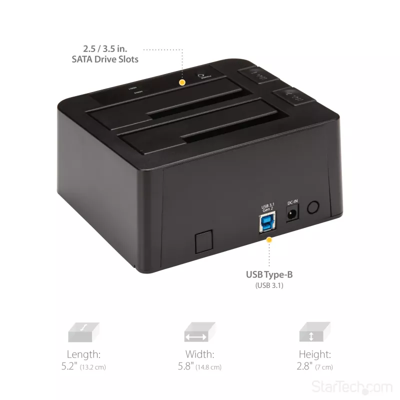 StarTech.com Dual-Bay USB 3.2 Gen 2 na SATA dokovacia stanica pre pevné disky, USB 10Gbps dok pre pevné disky, externá 2,5/3,5 palcová SATA I/II/III SSD/HDD dokovacia stanica, hot-swap vkladanie pevných diskov, vrchné vkladanie