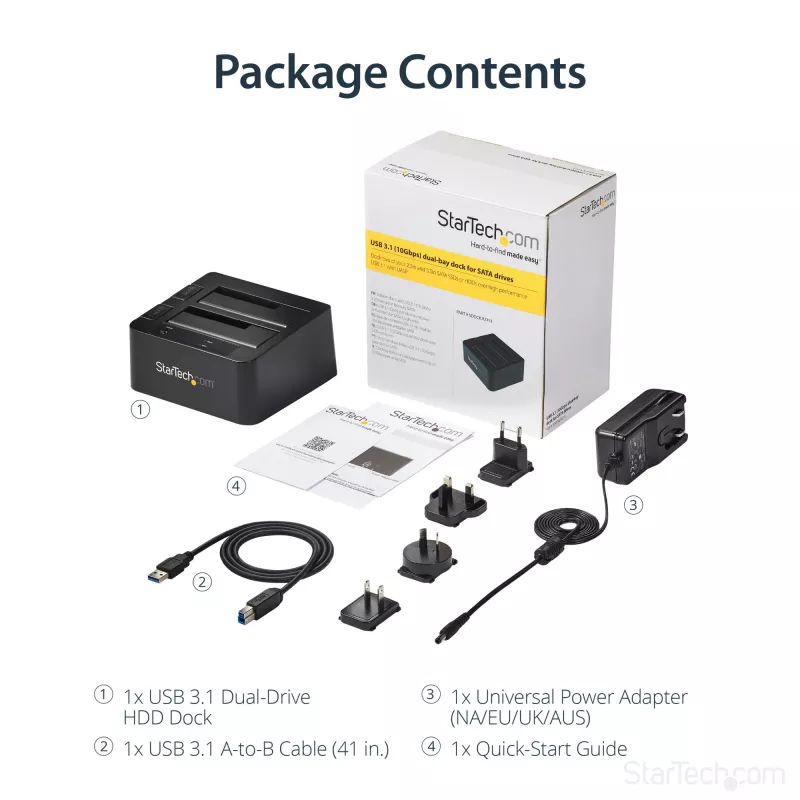 StarTech.com Dual-Bay USB 3.2 Gen 2 na SATA dokovacia stanica pre pevné disky, USB 10Gbps dok pre pevné disky, externá 2,5/3,5 palcová SATA I/II/III SSD/HDD dokovacia stanica, hot-swap vkladanie pevných diskov, vrchné vkladanie