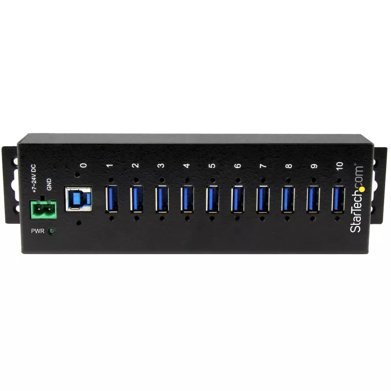 StarTech.com 10-portový priemyselný USB 3.0 hub – ESD a prepäťová ochrana~10-portový USB 3.0 hub – 5 Gbit/s – priemyselný kovový USB-A hub s ESD a prepäťovou ochranou – montáž na DIN lištu, stenu alebo stôl – TAA-kompatibilný USB rozširujúci hub