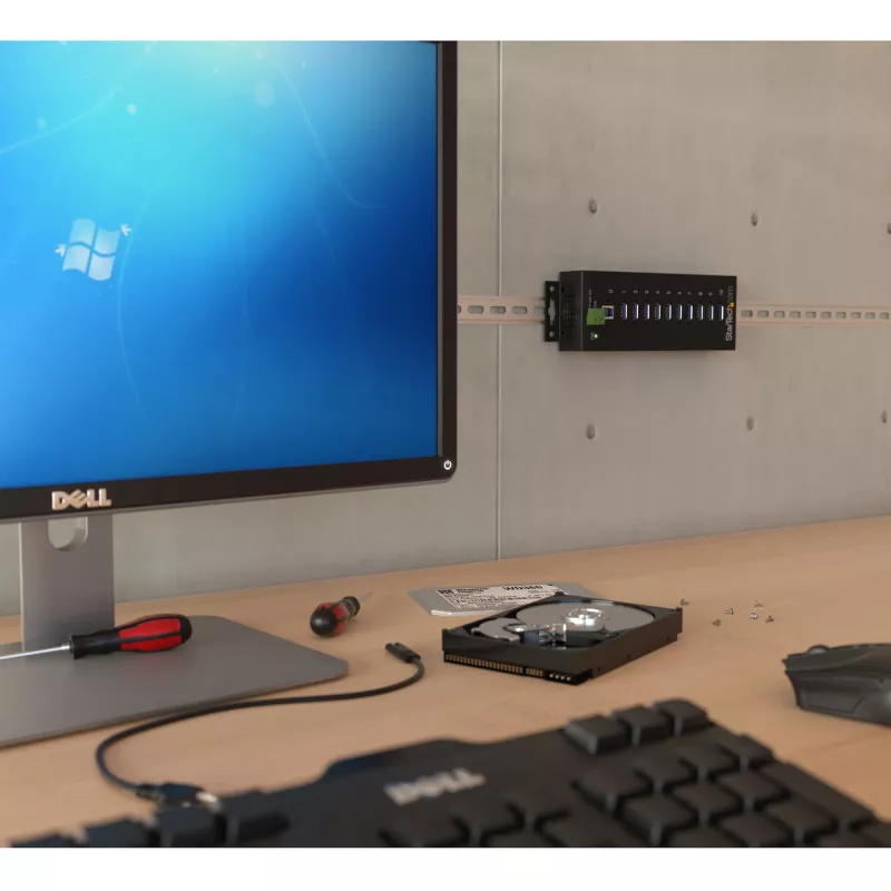 StarTech.com 10-portový priemyselný USB 3.0 hub – ESD a prepäťová ochrana~10-portový USB 3.0 hub – 5 Gbit/s – priemyselný kovový USB-A hub s ESD a prepäťovou ochranou – montáž na DIN lištu, stenu alebo stôl – TAA-kompatibilný USB rozširujúci hub
