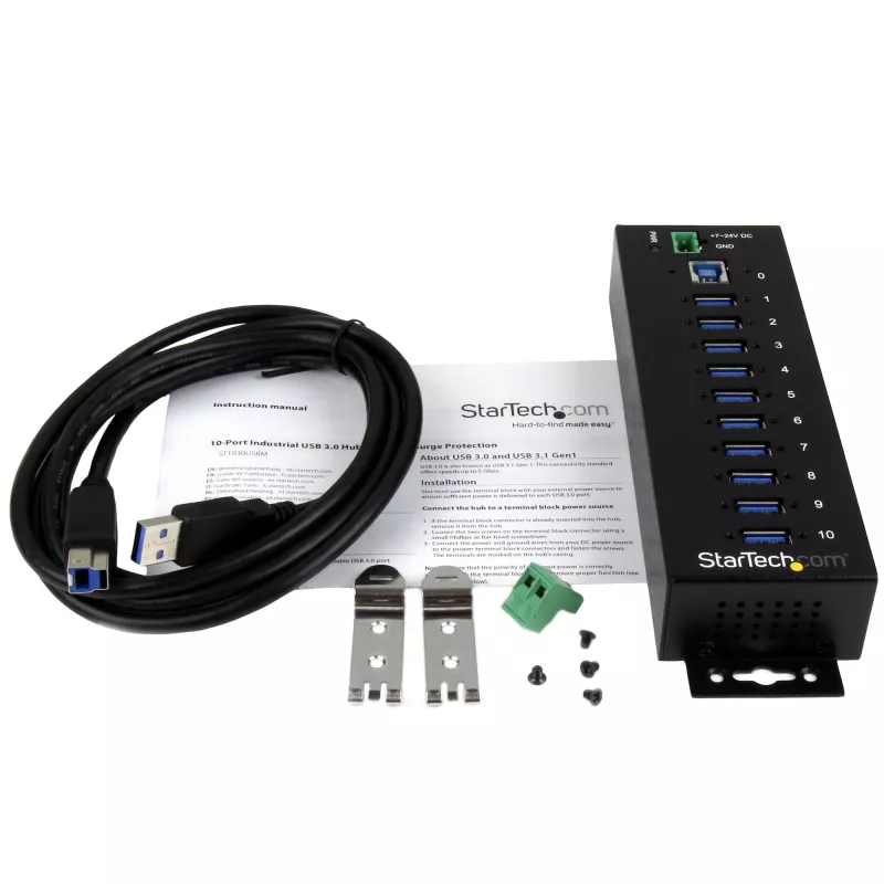 StarTech.com 10-portový priemyselný USB 3.0 hub – ESD a prepäťová ochrana~10-portový USB 3.0 hub – 5 Gbit/s – priemyselný kovový USB-A hub s ESD a prepäťovou ochranou – montáž na DIN lištu, stenu alebo stôl – TAA-kompatibilný USB rozširujúci hub