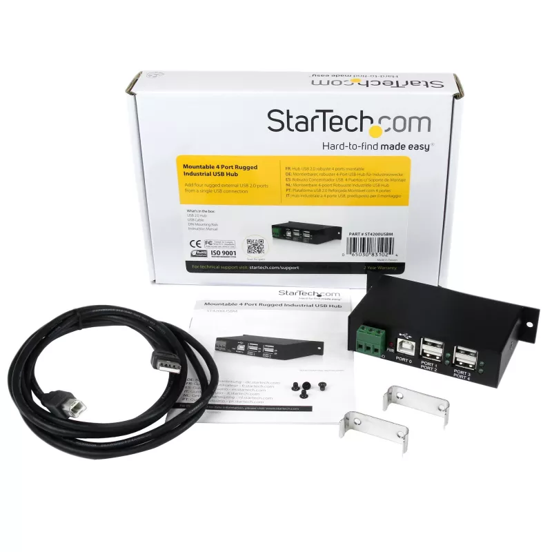 StarTech.com 4-portový USB 2.0 hub - kovový priemyselný USB-A hub - montáž na DIN lištu, stenu alebo stôl USB dátový hub - TAA-kompatibilný USB rozširujúci hub
