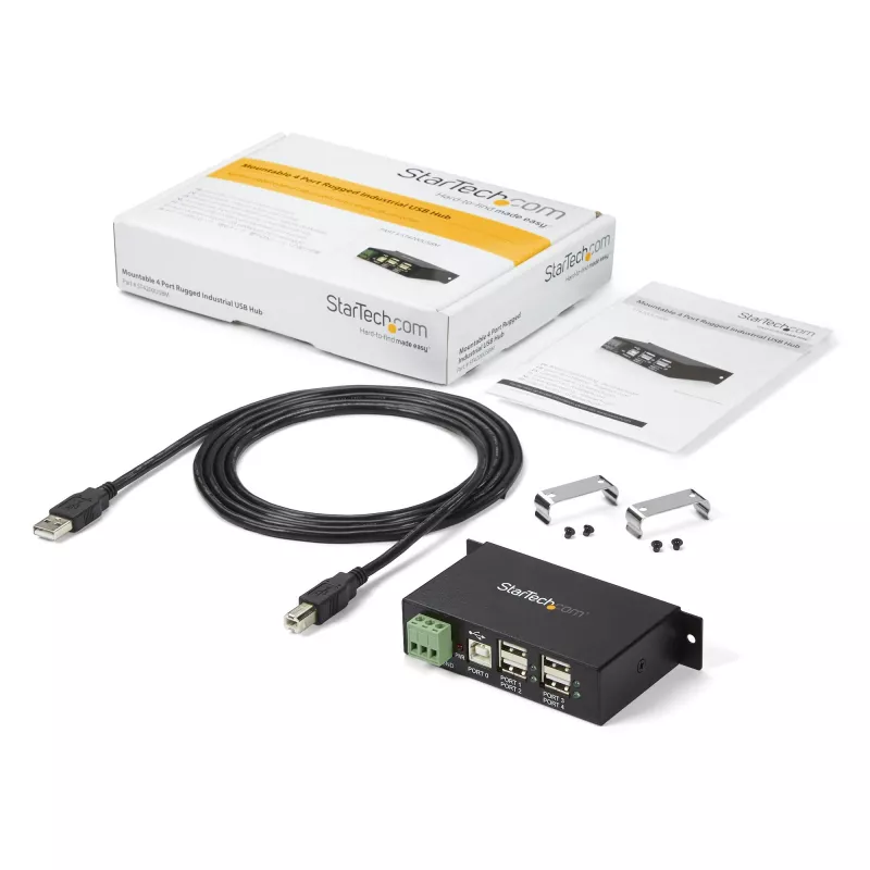 StarTech.com 4-portový USB 2.0 hub - kovový priemyselný USB-A hub - montáž na DIN lištu, stenu alebo stôl USB dátový hub - TAA-kompatibilný USB rozširujúci hub