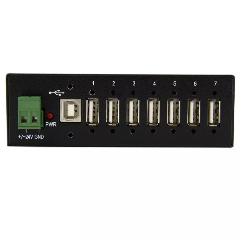StarTech.com ST7200USBM priemyselný 7-portový USB 2.0 hub, kovové puzdro, ochrana ESD a proti prepätiu, montáž na DIN lištu/stenu/stôl, 7–24 V DC, v súlade s TAA, čierny