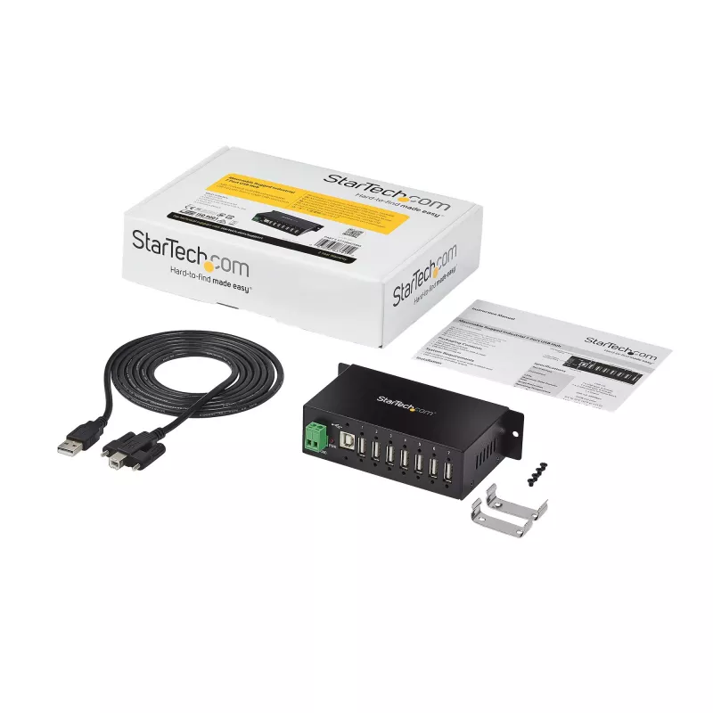 StarTech.com ST7200USBM priemyselný 7-portový USB 2.0 hub, kovové puzdro, ochrana ESD a proti prepätiu, montáž na DIN lištu/stenu/stôl, 7–24 V DC, v súlade s TAA, čierny