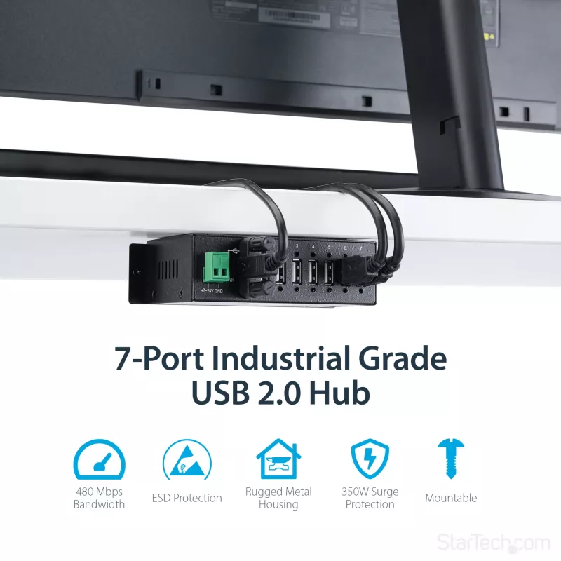 StarTech.com ST7200USBM priemyselný 7-portový USB 2.0 hub, kovové puzdro, ochrana ESD a proti prepätiu, montáž na DIN lištu/stenu/stôl, 7–24 V DC, v súlade s TAA, čierny