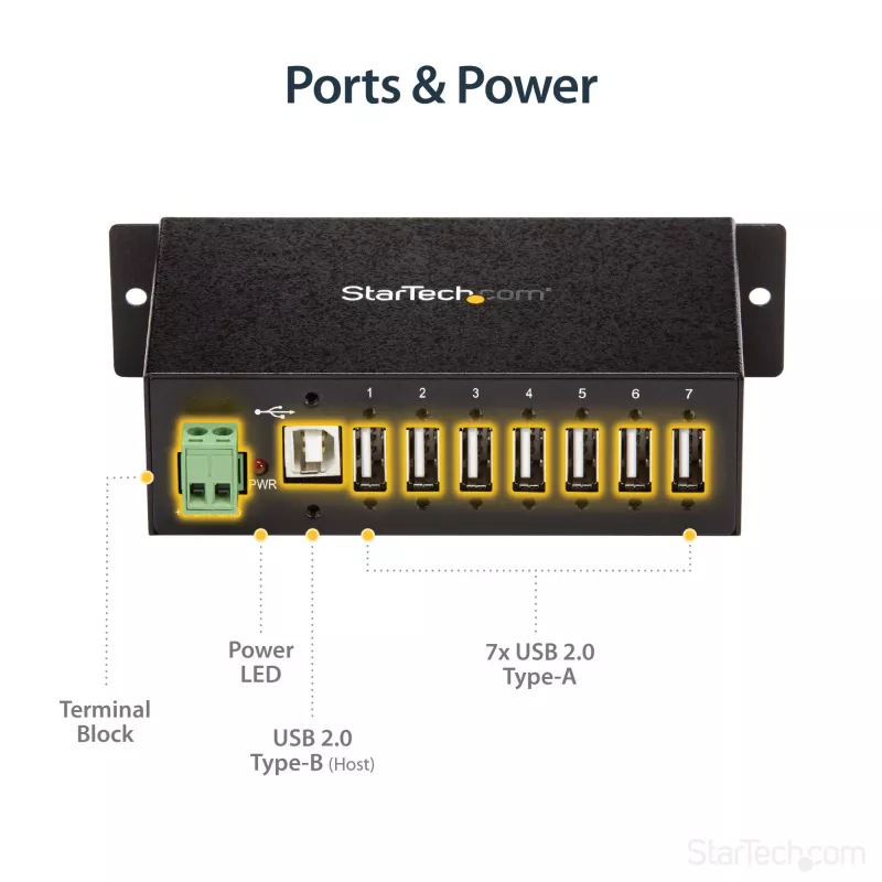 StarTech.com ST7200USBM priemyselný 7-portový USB 2.0 hub, kovové puzdro, ochrana ESD a proti prepätiu, montáž na DIN lištu/stenu/stôl, 7–24 V DC, v súlade s TAA, čierny