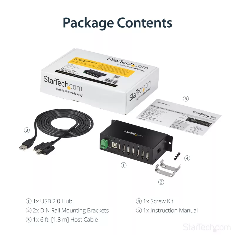 StarTech.com ST7200USBM priemyselný 7-portový USB 2.0 hub, kovové puzdro, ochrana ESD a proti prepätiu, montáž na DIN lištu/stenu/stôl, 7–24 V DC, v súlade s TAA, čierny