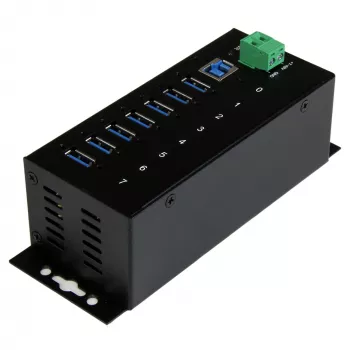 StarTech.com 7-portový priemyselný USB 3.0 hub s ESD ochranou~7-portový USB 3.0 hub (5Gbps) - priemyselný kovový USB-A hub s ESD ochranou a 350W prepäťovou ochranou - montáž na DIN lištu, stenu alebo stôl - TAA-kompatibilný USB rozširujúci hub