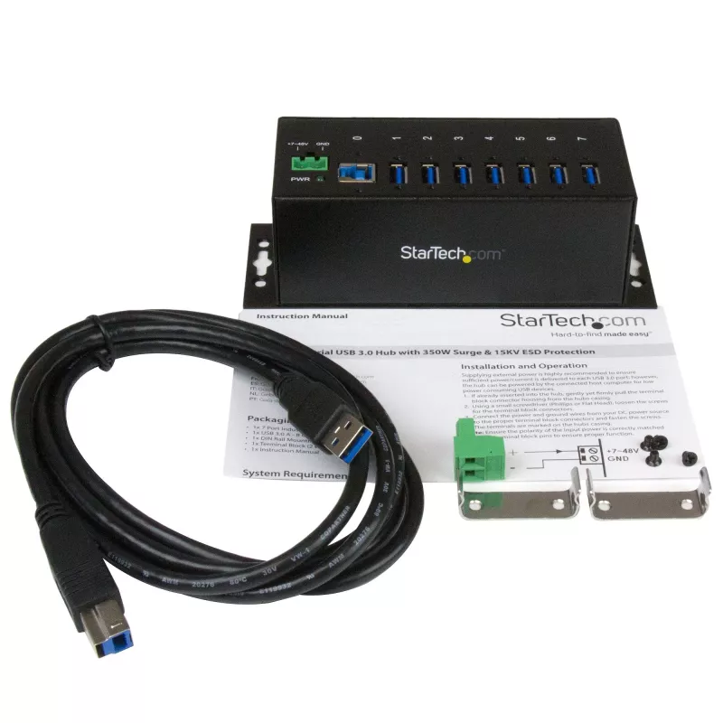 StarTech.com 7-portový priemyselný USB 3.0 hub s ESD ochranou~7-portový USB 3.0 hub (5Gbps) - priemyselný kovový USB-A hub s ESD ochranou a 350W prepäťovou ochranou - montáž na DIN lištu, stenu alebo stôl - TAA-kompatibilný USB rozširujúci hub