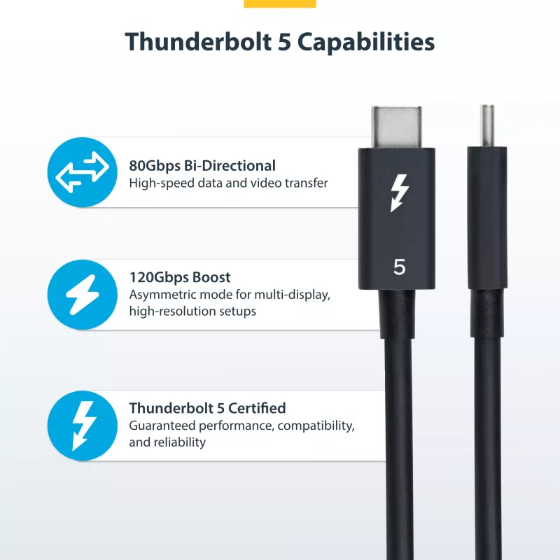 StarTech.com 3ft (1m) Thunderbolt 5 kábel, 80 Gbit/s/do 120 Gbit/s, 240 W PD, 8K 60 Hz, certifikovaný Thunderbolt kábel – kompatibilný s Thunderbolt 4/USB4/USB-C