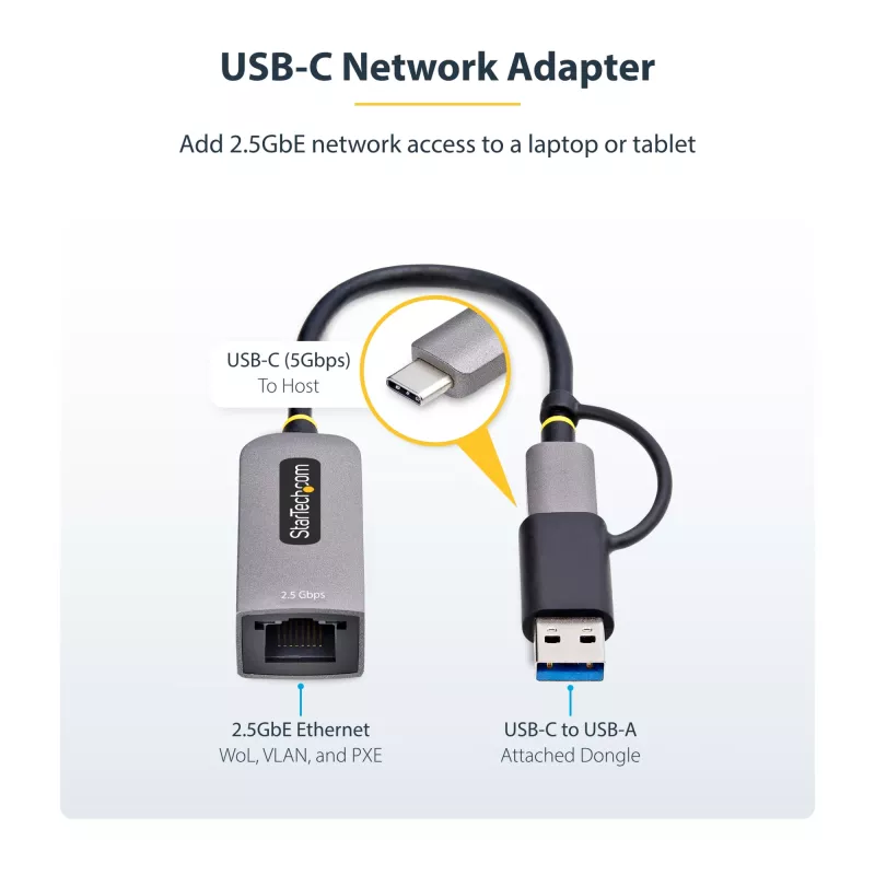 StarTech.com 2.5GbE USB-C na Ethernet adaptér s USB-A konvertorom, NBASE-T NIC, USB 3.0 Type-C 2.5/1G Multi Speed sieť, kompatibilný s Thunderbolt, Windows & Mac