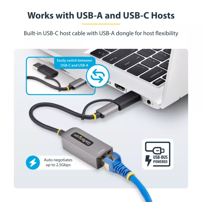 StarTech.com 2.5GbE USB-C na Ethernet adaptér s USB-A konvertorom, NBASE-T NIC, USB 3.0 Type-C 2.5/1G Multi Speed sieť, kompatibilný s Thunderbolt, Windows & Mac