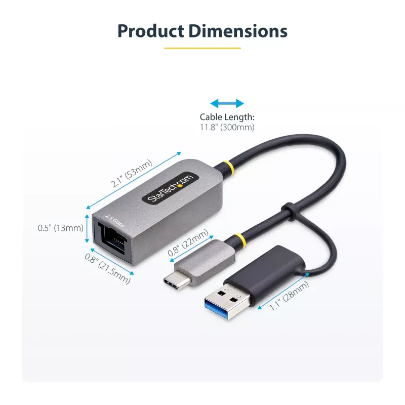 StarTech.com 2.5GbE USB-C na Ethernet adaptér s USB-A konvertorom, NBASE-T NIC, USB 3.0 Type-C 2.5/1G Multi Speed sieť, kompatibilný s Thunderbolt, Windows & Mac