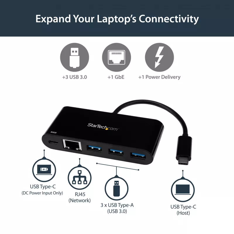 StarTech.com USB-C na Ethernet adaptér s 3-port USB 3.0 hubom a Power Delivery