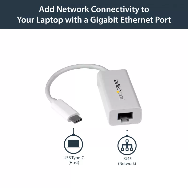 StarTech.com USB-C na Gigabit sieťový adaptér – biely, káblová, USB Type-C, Ethernet, 5000 Mbit/s, biely