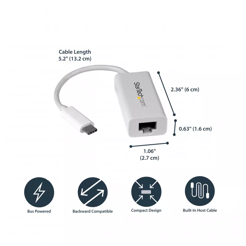 StarTech.com USB-C na Gigabit sieťový adaptér – biely, káblová, USB Type-C, Ethernet, 5000 Mbit/s, biely