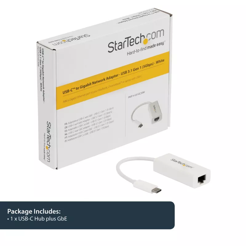 StarTech.com USB-C na Gigabit sieťový adaptér – biely, káblová, USB Type-C, Ethernet, 5000 Mbit/s, biely