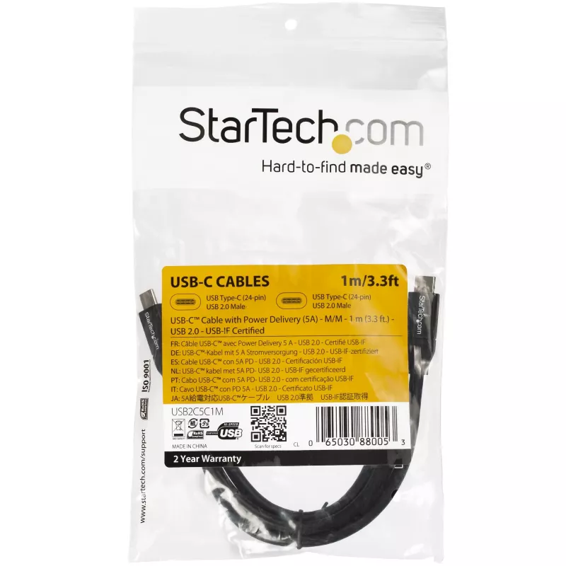StarTech.com USB-C na USB-C kábel s 5A PD – M/M – 1 m – USB 2.0 – USB-IF certifikovaný