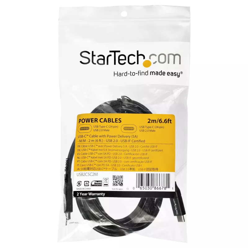 StarTech.com USB-C na USB-C kábel s 5A PD – M/M – 2 m – USB 2.0 – USB-IF certifikovaný