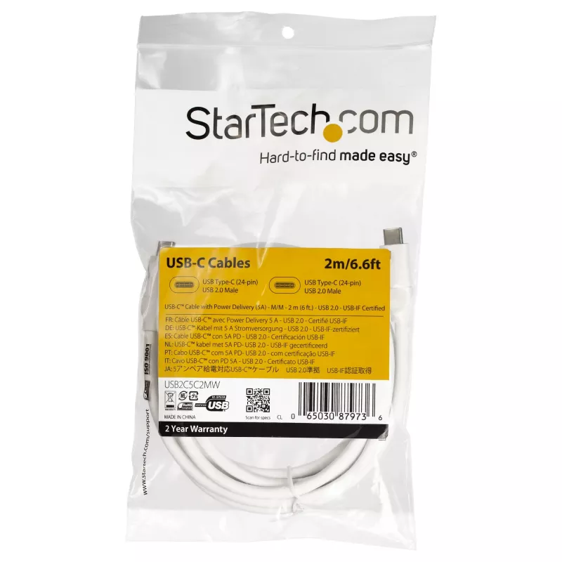 StarTech.com USB-C na USB-C kábel s 5 A PD – M/M – biely – 2 m – USB 2.0 – USB-IF certifikovaný