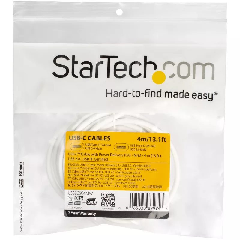 StarTech.com USB-C na USB-C kábel s 5A PD - M/M - biely - 4 m - USB 2.0 - USB-IF certifikovaný