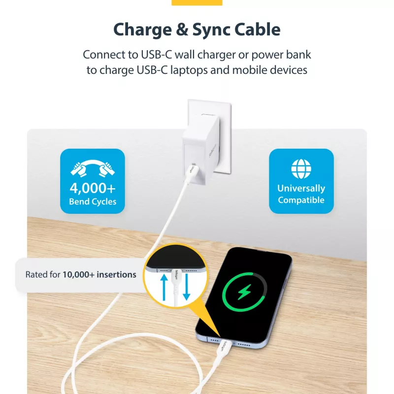 StarTech.com 1m (3.3ft) biely USB-C nabíjací kábel, USB-C kábel, USB 2.0 Type-C nabíjací kábel pre notebook, 60W 3A Power Delivery, TPE plášť, USB-C dátový kábel, M/M