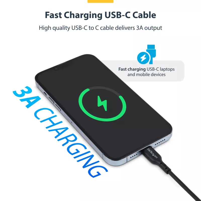 StarTech.com 3m (9.8ft) USB-C nabíjací kábel, USB-C kábel, USB 2.0 Type-C nabíjací kábel pre notebook, 60W 3A Power Delivery, TPE plášť, USB-C dátový kábel, M/M