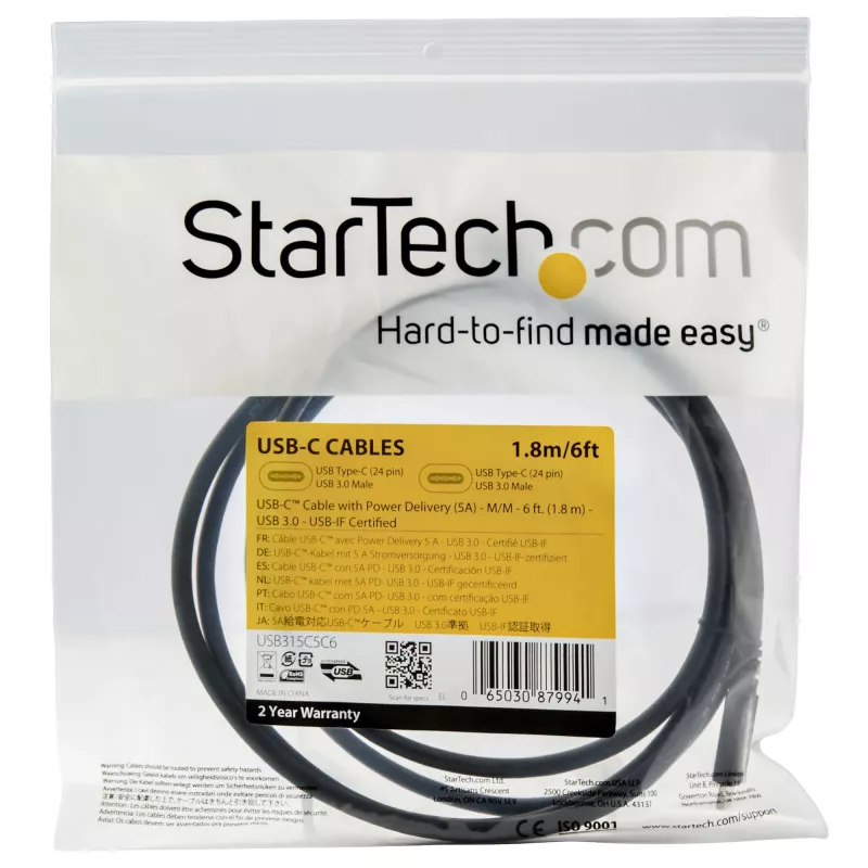StarTech.com 1,8 m USB-C na USB-C kábel – 5 A, 100 W PD 3.0 – certifikovaný pre Chromebook – certifikovaný USB-IF – M/M – USB 3.0 5 Gbit/s – USB-C nabíjací kábel – USB Type-C kábel