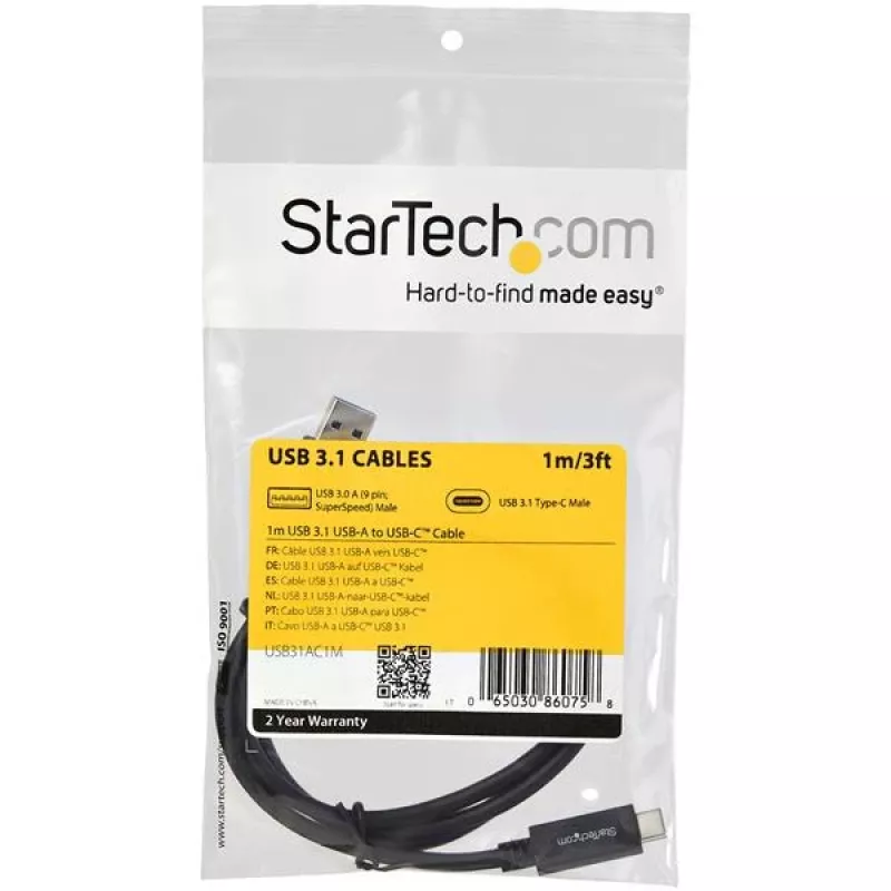 StarTech.com USB31AC1M kábel USB-A na USB-C, samec/samec, USB 3.1, 10 Gb/s, 1 m (3 ft), čierny