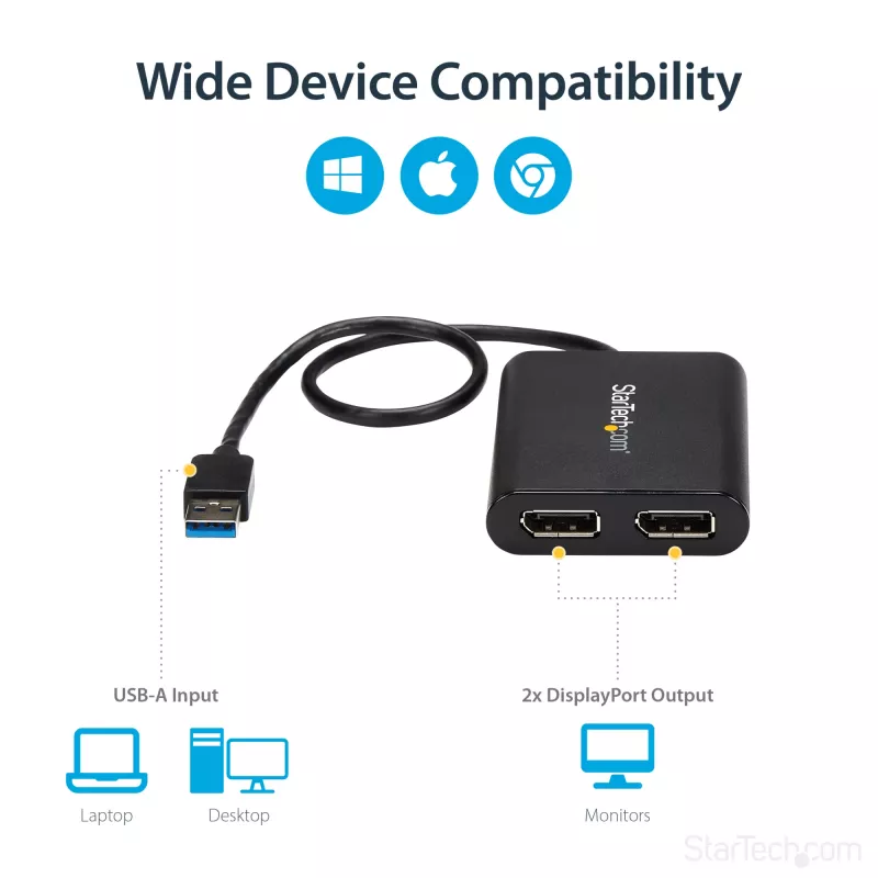 StarTech.com USB 3.0 na dvojitý DisplayPort adaptér – 4K 60 Hz, 3.2 Gen 1 (3.1 Gen 1), USB Type-A, DisplayPort výstup, 4096 x 2160 pixelov