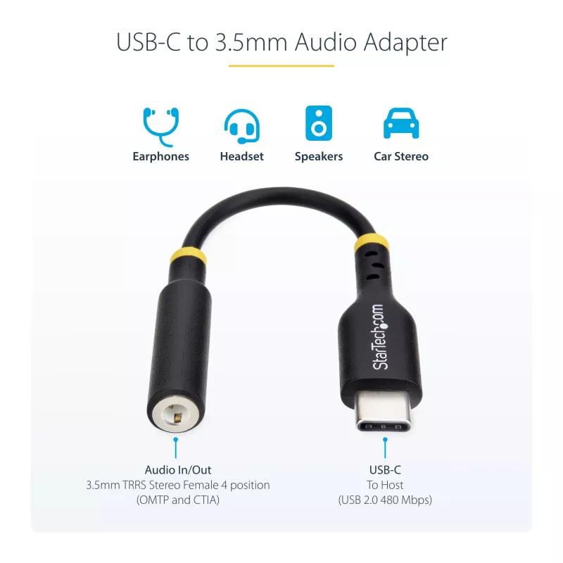 StarTech.com USBCAUDIO2 audio adaptér USB-C na 3,5 mm TRRS pre slúchadlá/náhlavná súprava, 32-bitový DAC, kompatibilný s Thunderbolt, 12,7 cm, čierny