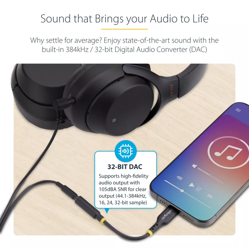 StarTech.com USBCAUDIO2 audio adaptér USB-C na 3,5 mm TRRS pre slúchadlá/náhlavná súprava, 32-bitový DAC, kompatibilný s Thunderbolt, 12,7 cm, čierny