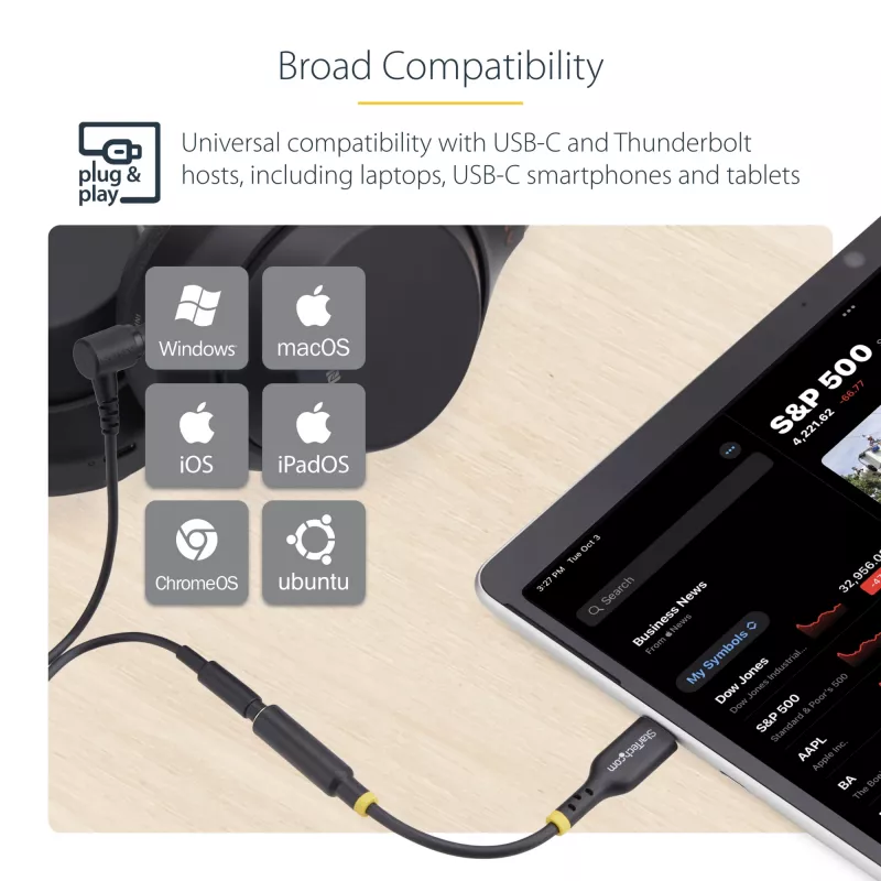 StarTech.com USBCAUDIO2 audio adaptér USB-C na 3,5 mm TRRS pre slúchadlá/náhlavná súprava, 32-bitový DAC, kompatibilný s Thunderbolt, 12,7 cm, čierny