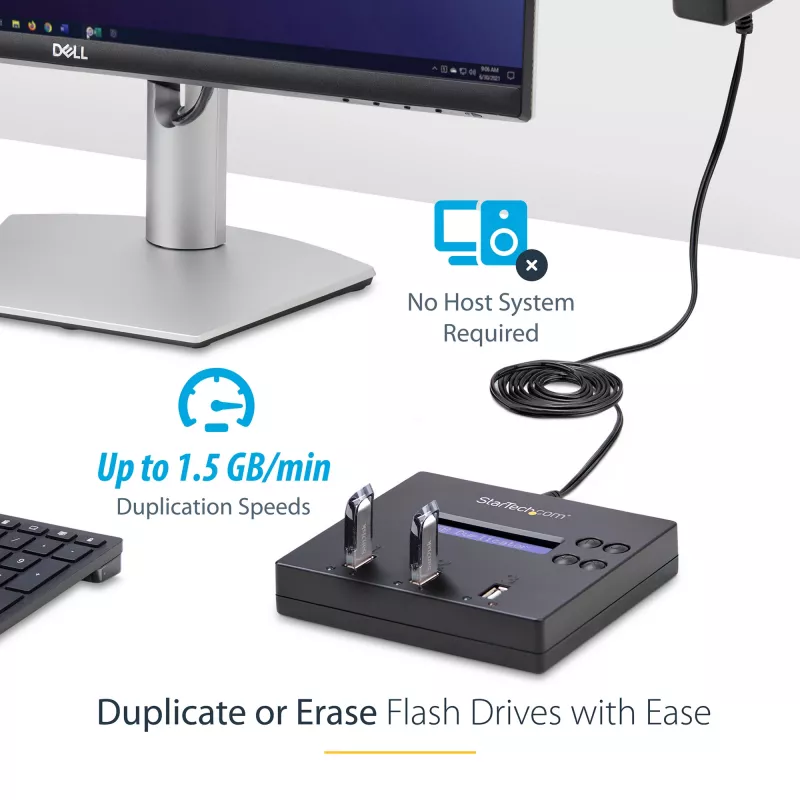 StarTech.com samostatný 1-na-2 duplikátor a vymazávač USB kľúčov, kopírovací stroj pre viacero USB flash diskov, systémová a súborová aj celodisková kópia s 1,5 GB/min, jednoduché a 3-pass vymazanie, LCD displej – TAA