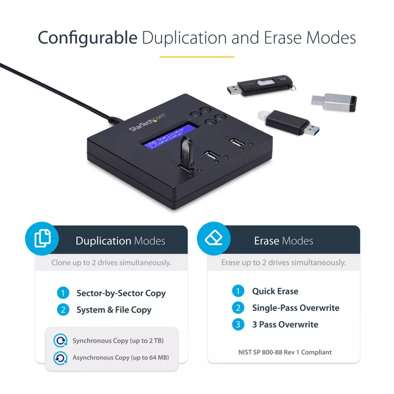 StarTech.com samostatný 1-na-2 duplikátor a vymazávač USB kľúčov, kopírovací stroj pre viacero USB flash diskov, systémová a súborová aj celodisková kópia s 1,5 GB/min, jednoduché a 3-pass vymazanie, LCD displej – TAA