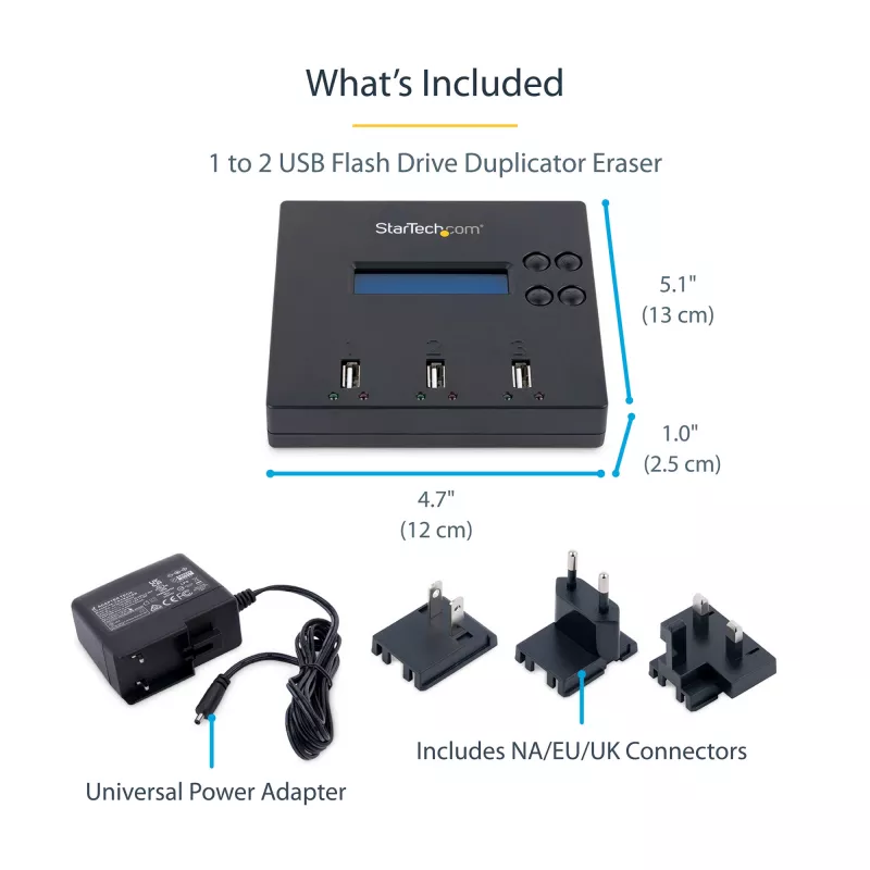 StarTech.com samostatný 1-na-2 duplikátor a vymazávač USB kľúčov, kopírovací stroj pre viacero USB flash diskov, systémová a súborová aj celodisková kópia s 1,5 GB/min, jednoduché a 3-pass vymazanie, LCD displej – TAA