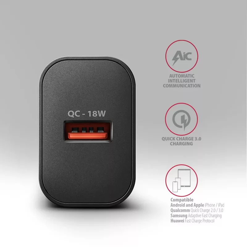Axagon ACU-QC18 QC 3.0 1× VÝSTUP nástenná nabíjačka 18W, interiérová, AC, čierna