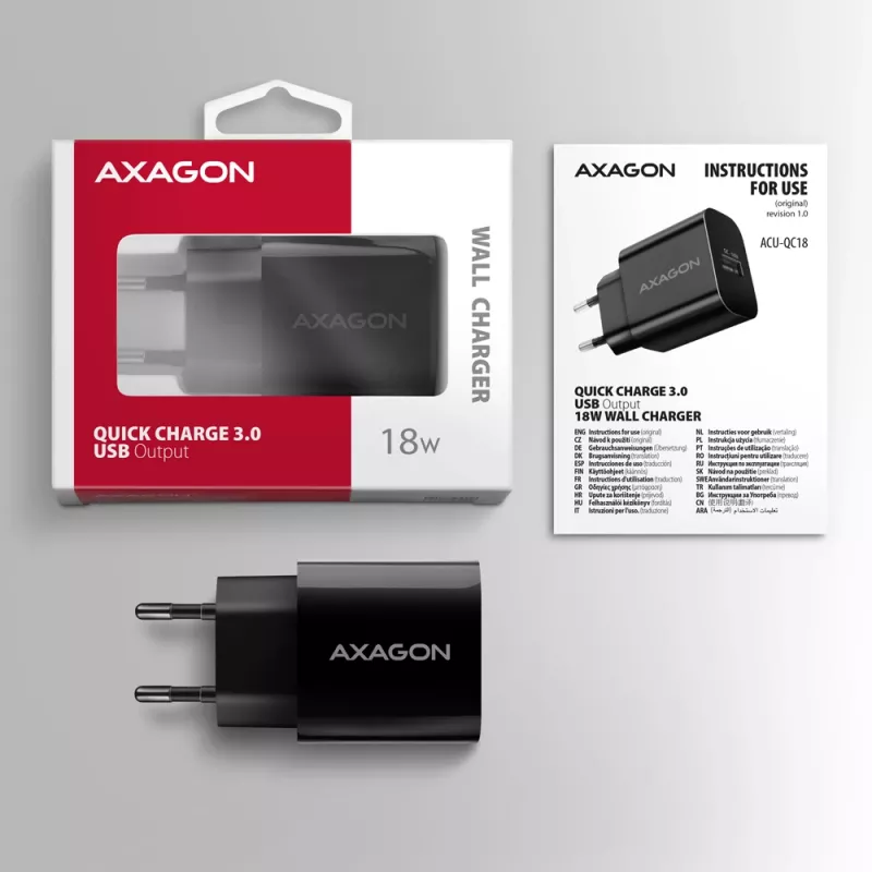 Axagon ACU-QC18 QC 3.0 1× VÝSTUP nástenná nabíjačka 18W, interiérová, AC, čierna