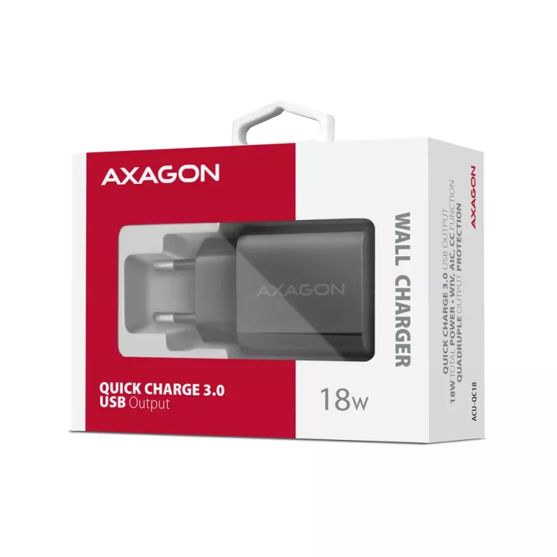 Axagon ACU-QC18 QC 3.0 1× VÝSTUP nástenná nabíjačka 18W, interiérová, AC, čierna