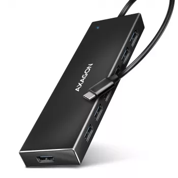 Axagon HUE-F7C 7x USB 3.2 Gen 1 ALU plochý hub mikro napájací vstup 30 cm USB-C USB 3.2 Gen 1 (3.1 Gen 1) Type-A 5000 Mbit/s čierny