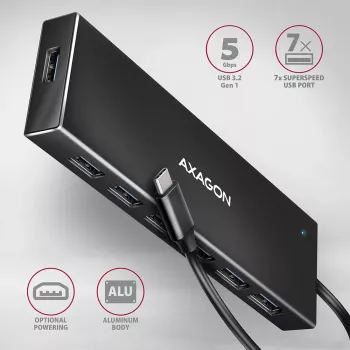 Axagon HUE-F7C 7x USB 3.2 Gen 1 ALU plochý hub mikro napájací vstup 30 cm USB-C USB 3.2 Gen 1 (3.1 Gen 1) Type-A 5000 Mbit/s čierny