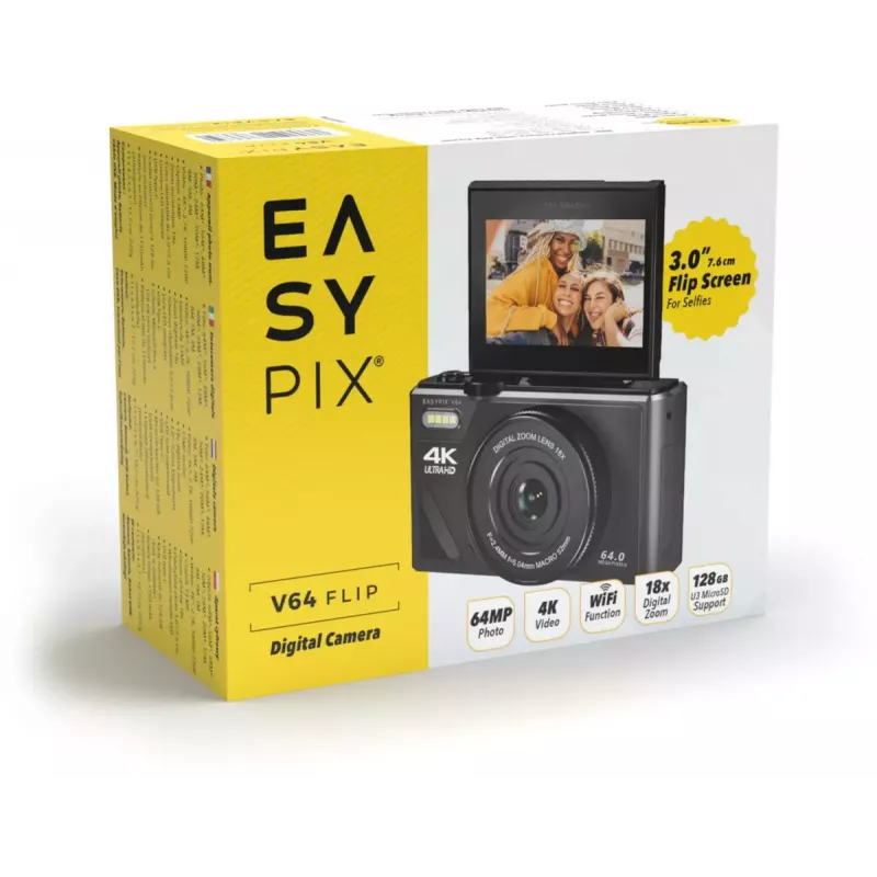 Easypix V64 Flip 20203 kompaktný digitálny fotoaparát, 64 MP, video 4K, 3-palcový výklopný displej, 18x digitálny zoom, WiFi